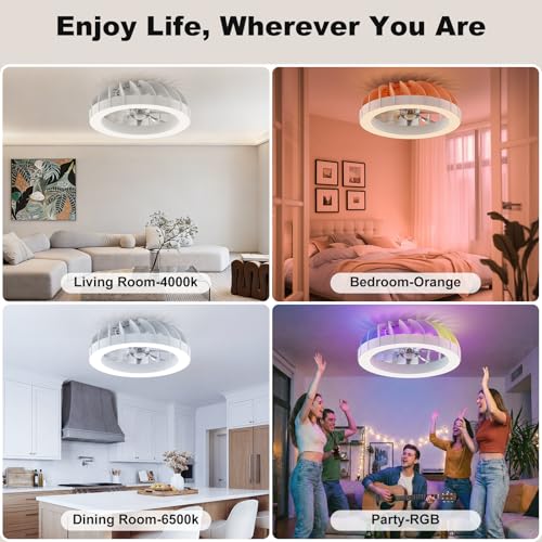 Ateroll Ceiling Fan with Lighting, Diameter 46 cm, RGB Ceiling Fan with Light and Remote Control, 6 Wind Levels, 3000 K - 6500 K, Dimmable LED, Quiet Timer, Ceiling Light with Fan for Bedroom, Living
