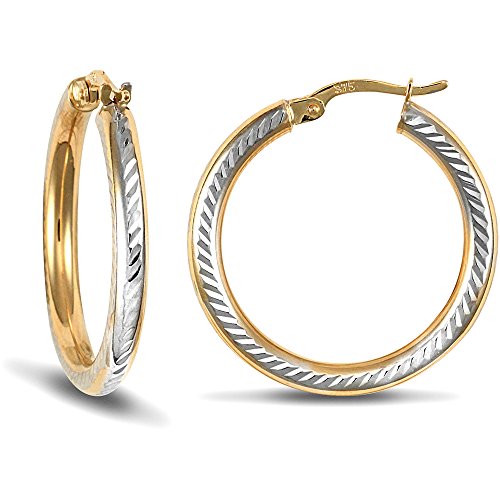 Jewelco London 9ct Yellow and White Metal Diamond Cut Hoop Earring - 26mm