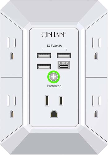 Wall Charger, Surge Protector, QINLIANF 5 Outlet Extender with 4 USB Charging Ports, 3-Sided 1680J Power Strip Multi Plug Adapter Spaced for Home Travel Office