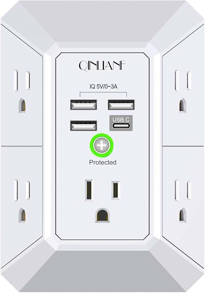 Wall Charger, Surge Protector, QINLIANF 5 Outlet Extender with 4 USB Charging Ports, 3-Sided 1680J Power Strip Multi Plug Ada