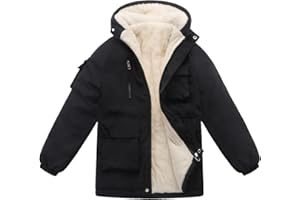 Podgina Winter Kids Boys Snow Coats Black Puffer Jacket Hooded Clothes Fleece-Lined Wear