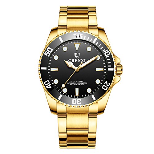 Mens Fashion Watches Gold Stainless Steel Strap Sport Analog Waterproof Quartz Watch, Black Dial