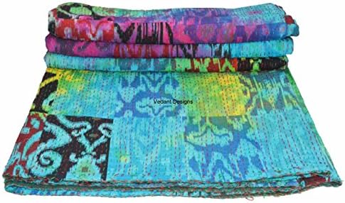 Vedant Designs Multi Tye- Dye Patchwork Queen Cotton Kantha Quilt Throw Blanket Gudari Vintage Throw Blanket