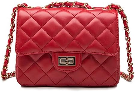 Kipten Quilted Leather Crossbody Handbag Purse with Metal Chain Strap-Red