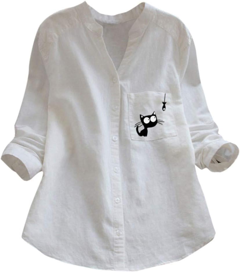CANAFA Women's Cotton Linen Blouse Casual Loose Solid Long Sleeve Shirt Button Down Tops