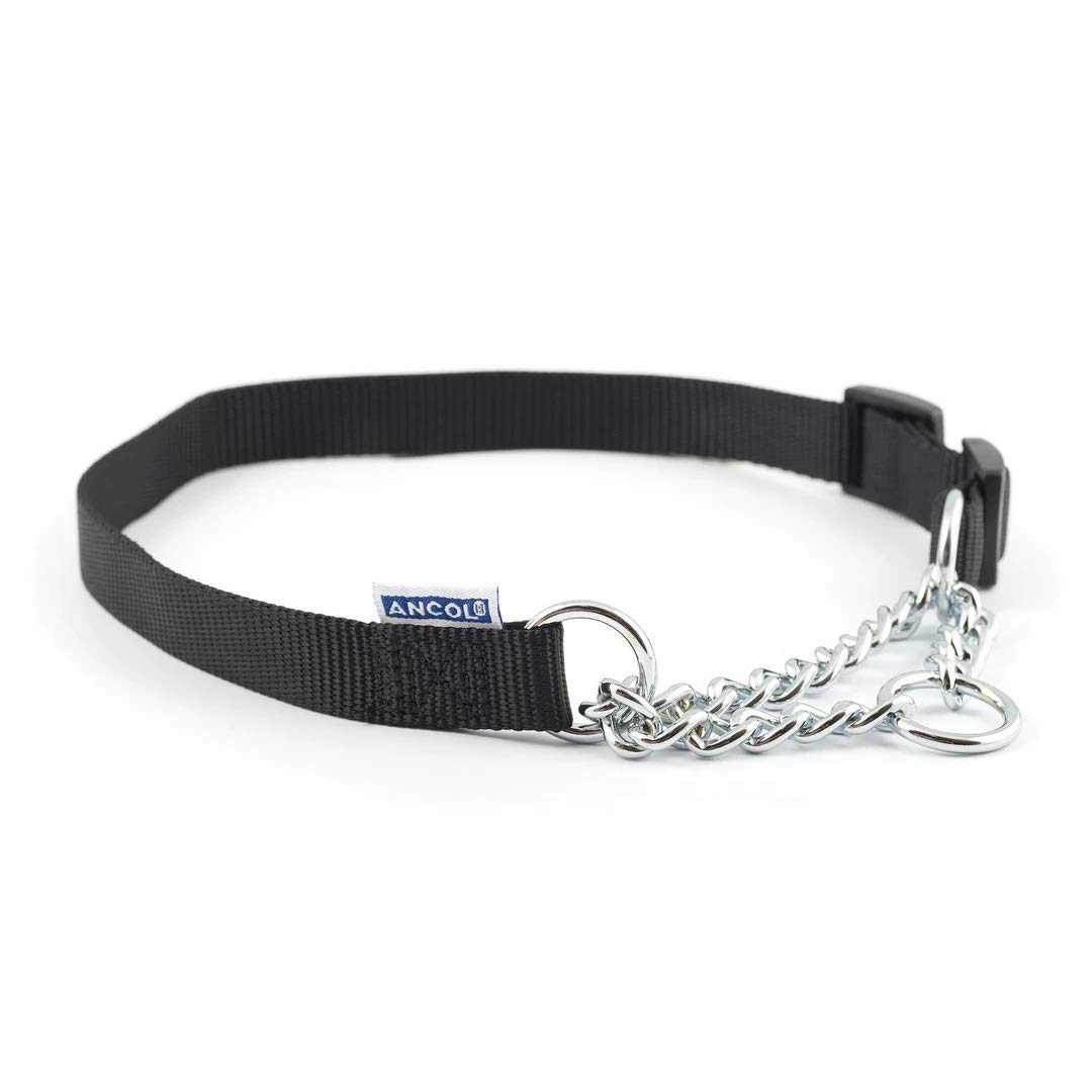 Ancol Heritage Nylon and Chain Check Dog Collar - Black Durable Training Accessory for Puppies and Dogs - 25-35cm Size 1-2