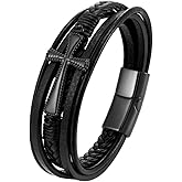 FYNSBLE Cross Leather Bracelet for Men,5 Layer Genuine Leather Multi-Layer Braided Bracelet 361L Stainless Steel Christian Wristband Jewelry for Men Father