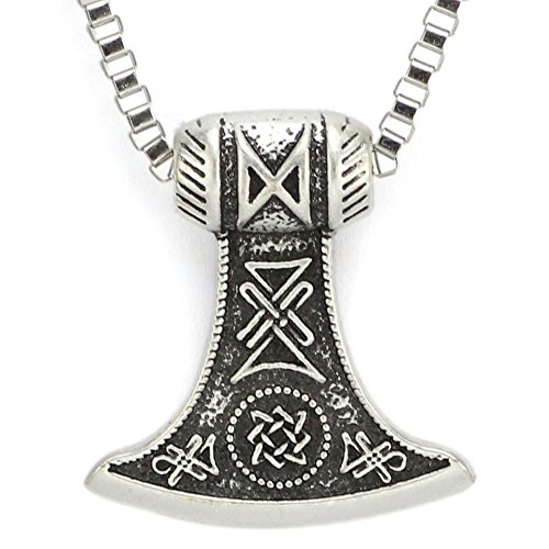 TTK Axe Norse Viking Thors Hammer Pendant Necklace For Men Boys With 23 Inch Box Chain