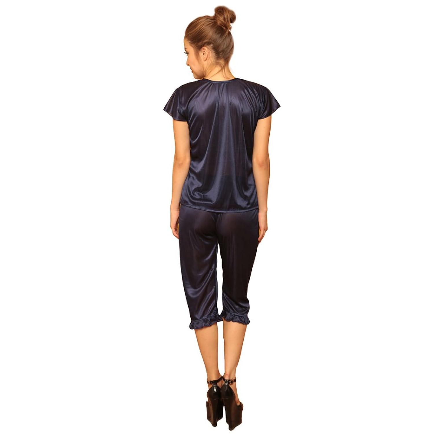 clovia women's 4 pcs satin nightwear in navy - robe, nightie, top, capri