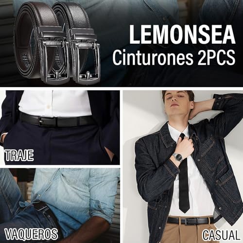 LEMONSEA Cinturones Hombre, 2 Piezas Cinturón Hombre Cuero, Cinto Hombre con Hebilla Automática Ajustable, Cinturones Hombre Piel para Traje, Estilo Casual y Vaqueros, con 2 Llavero (Negro & Marrón)