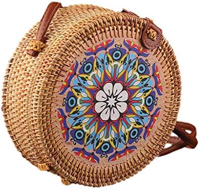 Bibao Women Handmade Circle Handwoven Round Rattan Bag, Crossbody Bag Boho Knit Wicker Basket Beach Bag (E)