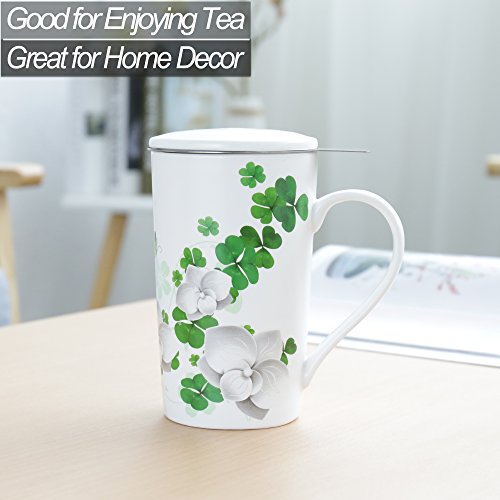 TEANAGOO M58-4 Tea Mug with Infuser and Lid, 18 OZ, Lucky Clover, Travel Teaware with Filter, Tea Cup Steeper Maker, Brewing Strainer for Loose Leaf Tea,Diffuser mug set for Tea Lover Gift