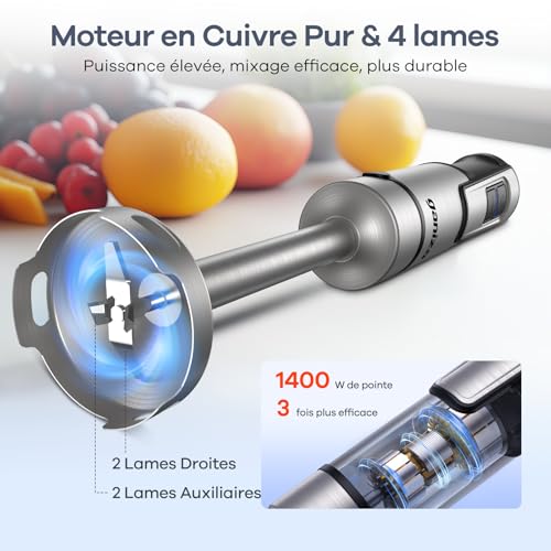 Ganiza Mixeur Plongeant 5-en-1, Mixeur Plongeur 1200W en Acier Inoxydable, Vitesse Réglable& Modes Turbo, avec Hachoir de 600ml, Fouet, et Verre Doseur 800ml, Idéal pour Soupes, Smoothies