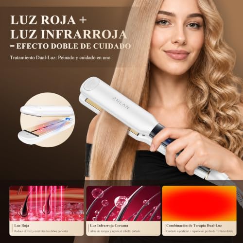 ANLAN Plancha de pelo iónica con luz roja, placas cerámicas flotantes 3D de 36 mm, Rápido 15s, 14 niveles, pantalla LCD, profesional e inteligente