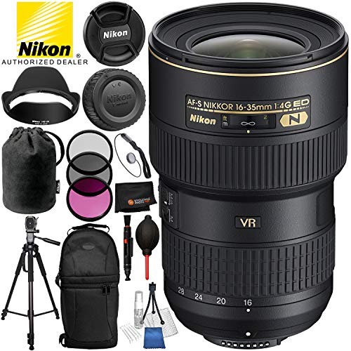 Nikon AF-S NIKKOR 16-35mm F/4G ED VR Lens 12PC Accessory Bundle – Includes 3 Piece Filter Kit (UV + CPL + FLD) + 72” Tripod + Sling Backpack + MORE