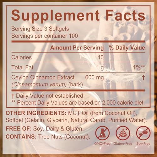 Ceylon Cinnamon Capsules 300 Pcs with MCT Oil, High Bioavailability for Anti-Oxidant, Overall Vitality & Digestive & Metabolic Support, Health Management