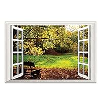 DNVEN 24 inches x 16 inches 3D Full Color High Definition Hill Bench Backyard Nature Forests Scenery False Faux Window Frame Window Mural Vinyl Bedroom Living Room Playroom Wall Decals Stickers