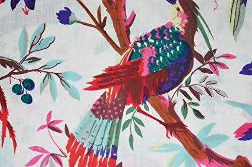 Rajcrafts Bird Print Fabric Cotton Dress Making 3 Meter Jaipuri Handmade Dress Running Fabric White