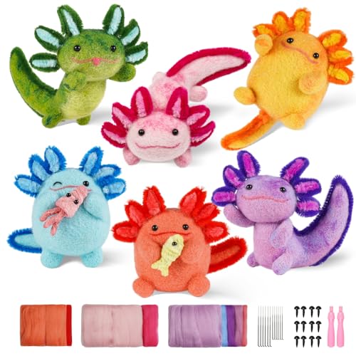 MOREJMTT Needle Felting Kit, 6 PCS Animal Needle Felting Beginner Kits, Wool Felt Needle Felting Tools Foam Pad, Craft Party Supplies for Beginners Adult(6pack Axolotl)