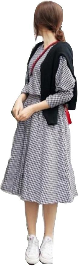 Amazon Nijuh ワンピース ギンガムチェック 長袖 リボン 韓国ファッション レディース S ブラック ワンピース チュニック 通販