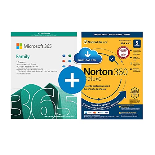 Microsoft 365 Family | fino a 6 persone | 1 abbonamento annuale |12+3 Mesi | PC/Mac | Codice d'attivazione via email + NORTON 360 Deluxe |15 Mesi - Codice d'attivazione via email