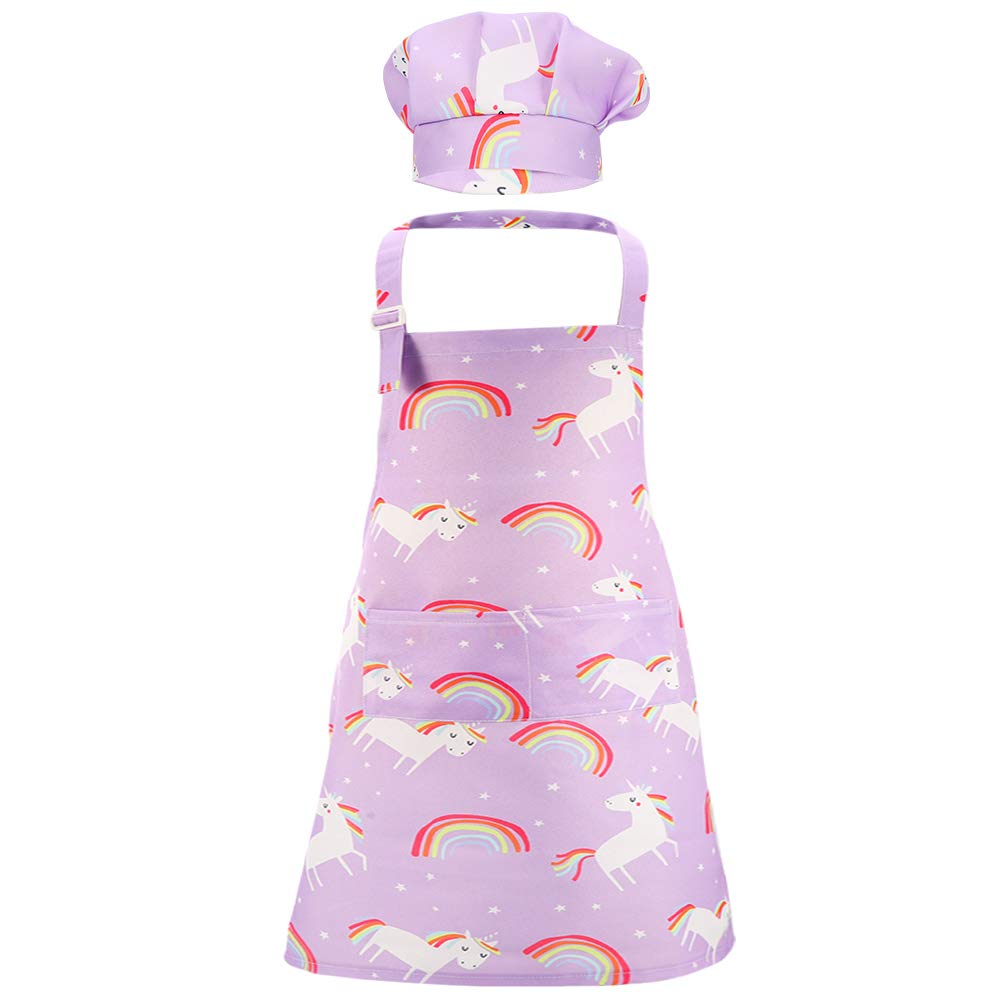 ADAKEL 1 Set Kids Apron Set Unicorn Apron and Chef Hat with 2 Pockets Adjustable Chef Apron and Hats for Kids for Boys Girl's Kitchen Cooking Baking Painting Wear(Purple)