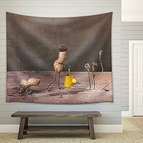 Miniature with Peanut Man Doing Garden Work with His Dog - Fabric Wall Tapestry Home Decor - 51x60 inches