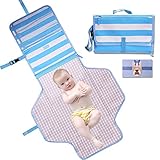 Baby Diaper Changing Pad Clutch Portable Travel Changing Station for Baby Newborn Infant, Foldable Mat with Head Cushion, Comfortable Waterproof Wipeable (Blue with White)