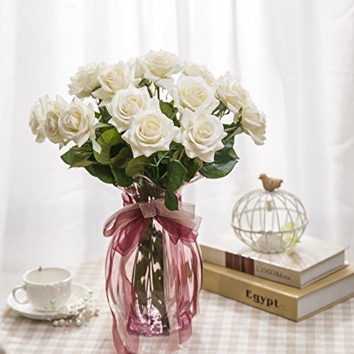 SHENGXIA 10Pcs Real Touch Artificial Silk Rose Flowers Bridal Bouquet Home Party Wedding Decoration White