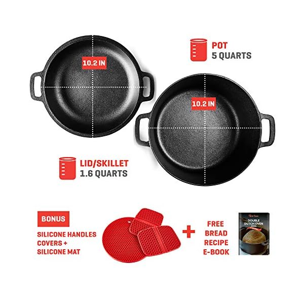 Uno Casa Cast Iron Dutch Oven with Lid- 2 in 1 Camping Oven, 5 Quart Cast Iron Pot, 1.6 Quart Cast Iron Pan, Dutch Oven…