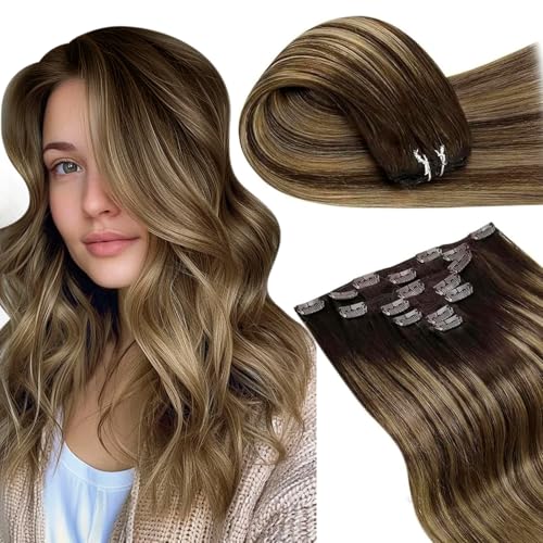 LaaVoo Braun Clip in Extensions Echthaar Balayage Remy Haarverlängerung Clip in Echthaar Dunkelbraun zu Karamellblond 35cm 120g 7PCS