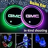 2pcs LED Car Logo Cup Holder Lights for GMC, 7 Colors Changing USB Charging Mat Luminescent Cup Pad, LED Interior Atmosphere Lamp Decoration Light. (GMC)