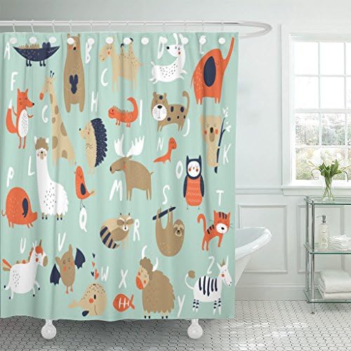 Breezat Shower Curtain Fox Zoo Alphabet with Cute Animals in Cartoon Style Hedgehog Waterproof Polyester Fabric 72 x 72 Inches Set with Hooks