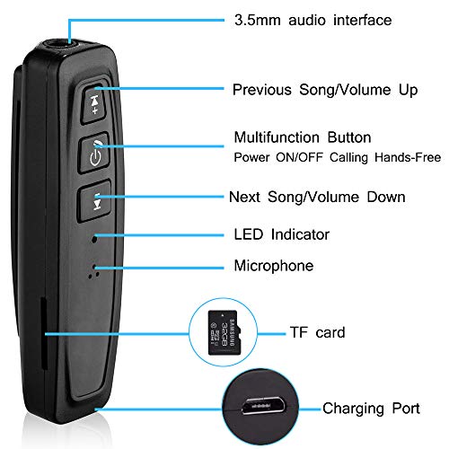 Wireless Bluetooth Receiver V4.1, Portable Hands-Free Bluetooth Car Kits 3.5mm Mini Aux Audio Jack Adapter Support TF Card for Car/Home Audio Stereo Music Streaming Sound System Headphone Speaker