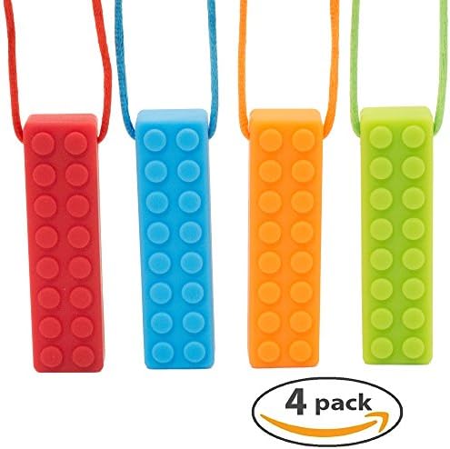 Sensory Chew Necklace Set BRICK (4-PACK) | Safe Calming Silicone Chew Toys for Autism, SPD, Biting, Teething &amp; PDD | Fidget Toy for Boys and Girls with ADHD (Red/Blue/Orange/Green with Color Strings)