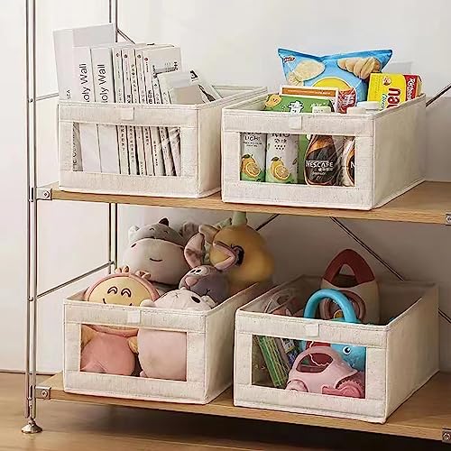 Ymlike Clothes Storage Organizer, Stackable Cotton Drawer Closet Box with Transparent Mesh Window and Handle, Store bag for Clothing, Jeans, Bras, Leggings, Sweaters, (2 Pack, Beige)