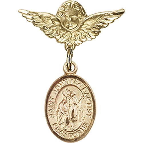 14kt Yellow Gold Baby Badge with St. John the Baptist Charm and Angel w/Wings Badge Pin 1 X 3/4 inches