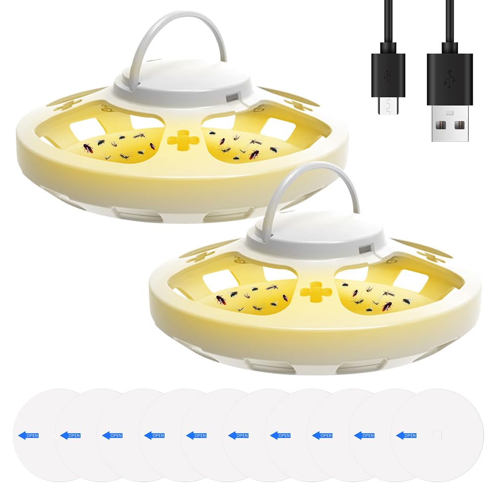 2 Pack Flea Traps for Home, Non-Toxic Flea Lamp Traps for Indoor with 10 Sticky Pads Flea Light Traps Natural Flea Catcher Light Odorless Flea Killer with 4 Modes for Carpets Bedding House Inside