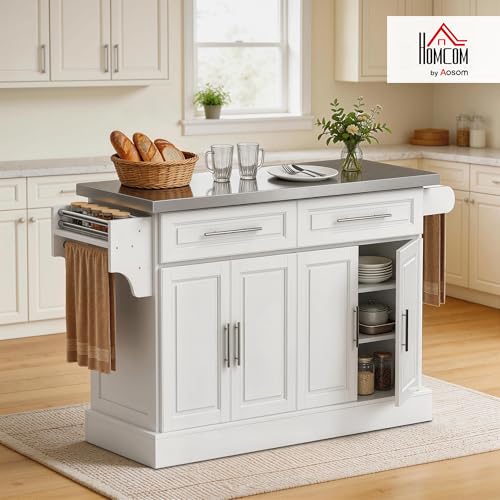 HOMCOM Kitchen Island with 47" Stainless Steel Top, Rolling Kitchen Cart on Wheels with 2 Drawers, 2 Cabinets, Towel & Knife & Spice Rack, White