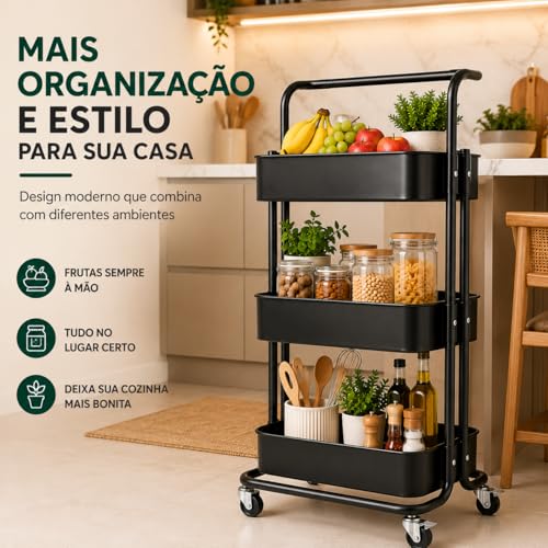 Carrinho Organizador Multiuso 3 Prateleiras com Rodinhas | Estrutura em Aço Carbono e Cestos em Plástico resistente.