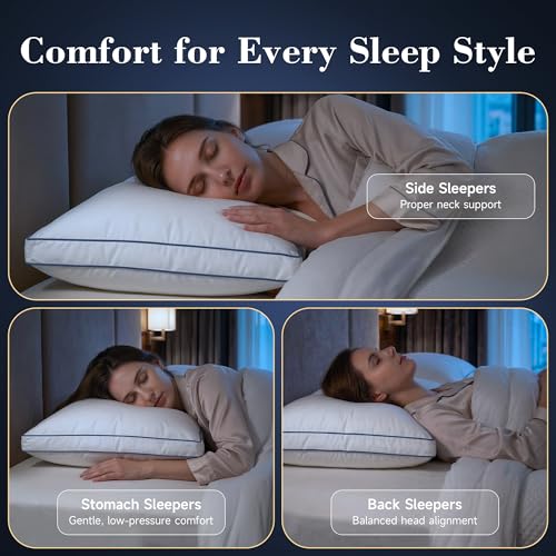 zibroges Down Pillows Queen Size Set of 2, Luxury Hotel Collection Gusseted Bed Pillow for Sleeping, Soft and Fluffy Support, Cotton Cover, Breathable, for Side, Back and Stomach Sleepers