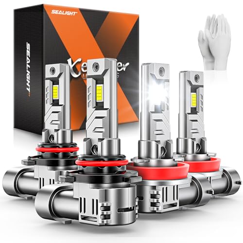 SEALIGHT 9005 H11 Bulbs, 96,000LM 900% Brightness HB3 H8/H9 Light Bulbs, 6500K Cool White Bulbs with 15000RPM Fan, Plug and Play ATV/UTV, 10-Year Extended Lifespan IP68 Waterproof, Pack of 4