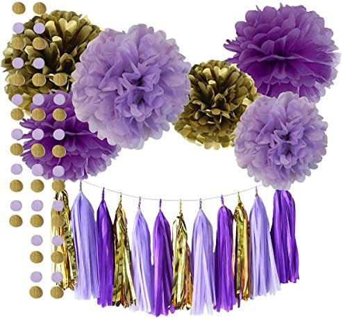 31 PIECE SET Lavender + Dark Purple + Gold Tissue Paper Pom Poms and Tassels for Baby Shower Parties, Nursery, Wedding, Bridal Shower, Graduation, Birthday Party Decorations Ideas and Supplies