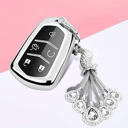 JOYIYUAN Cadillac Key Fob Cover Full Protection Key Fob Case with Key Chain Compatible with Keyless Remote Control Smart ATSL XTS XT5 XT4 CT6 Key Series (Color : Silver, Design : 2)