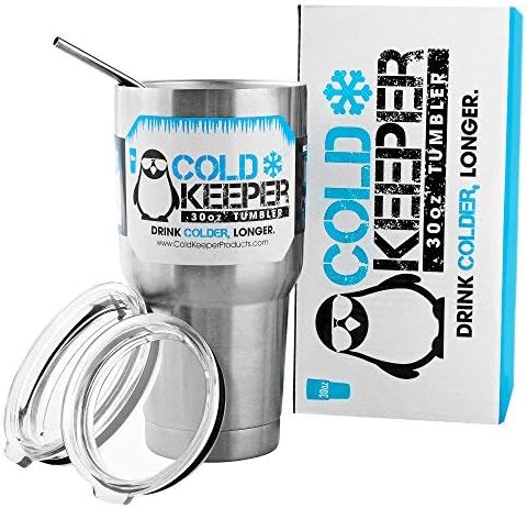 ColdKeeper Double Insulated 30oz Personal Beverage Tumbler - Includes Two BONUS Lids, Straws and Handle (30oz Tumbler Gift Set, Stainless Steel)