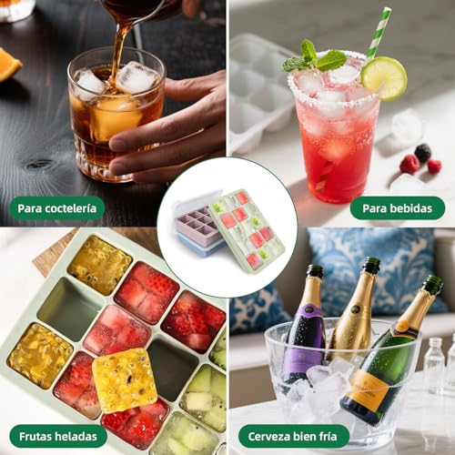 3 PCS Moldes para Cubitos de Hielo con Tapa,Molde de silicona para cubitos de hielo,Bandejas Para Cubitos de Hielo,Bandejas de Silicona Reutilizables con Diseño Presionado (15 rejilla)