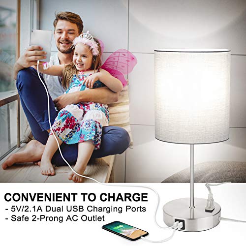 Touch Control Table Lamp, 3 Way Dimmable Bedside Desk Lamp with 2 Fast USB Charging Ports and AC Outlet, Nightstand Lamp for Bedroom Living Room, Modern Office Lamp, Silver Base, 60W LED Bulb Included