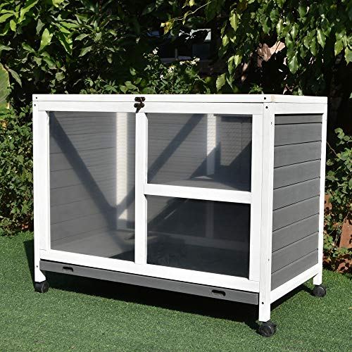 PawHut Kaninchenstall aus Holz Hasenstall mit 2 Etagen Freilaufgehege Rädern Klappdach Rampe Tablett, Winterfest Meerschweinchenstall Kleintierstall Kaninchenkäfig für Innen, 91,5 x 53,3 x 73 cm Grau – Bild 3