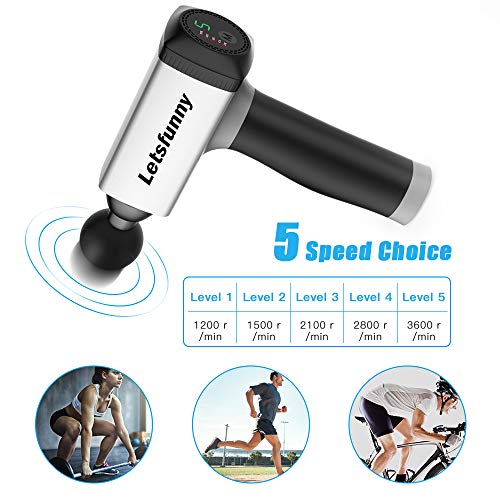 Massage Gun, Upgraded Handheld Vibration Deep Tissue Muscle Massager Device, Powerful Cordless Percussion Full Body Muscle Massager with 5 Adjustable Speed, 5 Attachments & Portable Bag