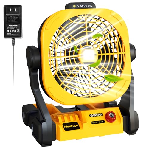Battery Operated Fan for DeWalt 20V Max Battery (Not Included) – High Airflow Portable Cordless Camping & Jobsite Fan with 4 Speeds, AC Adapter, LED Lights & Hanging Hook for Outdoor Use